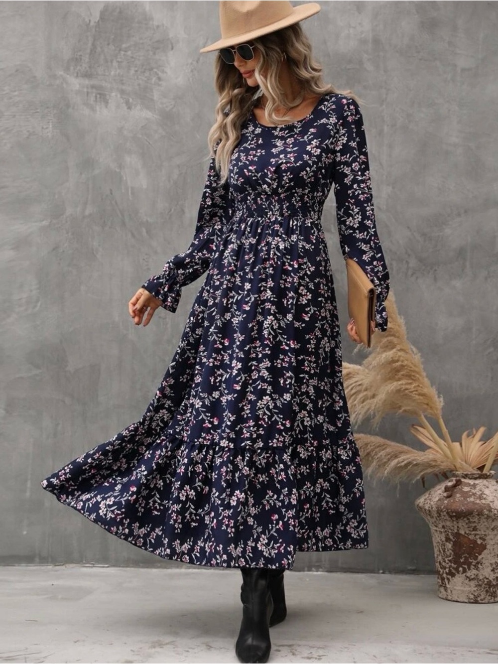 SHEIN Navy Floral Long Sleeve Maxi Dress with Pink Accents